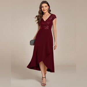 🆕Short Sleeve V-Neck Midi Sequin Formal Dress